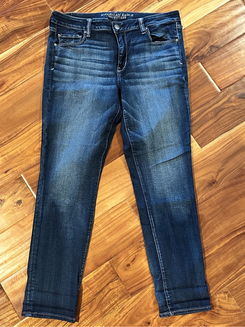 American Eagle Outfitters Dark Blue Skinny Jeans with Faded Whisker Detail